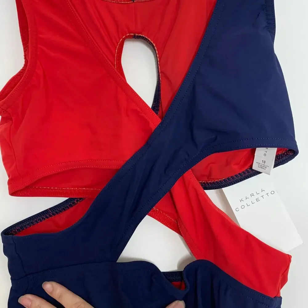 Karla Colletto Helen High-neck Mono Red Navy One Piece Swimsuit New  Size 10